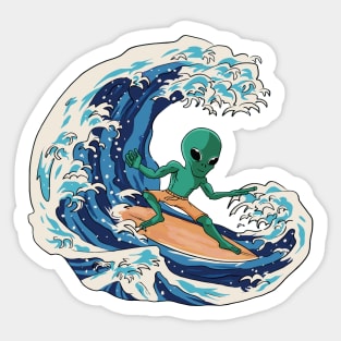 Martian Alien Surfing on a Great Wave // Funny Japanese Style Illustration Sticker